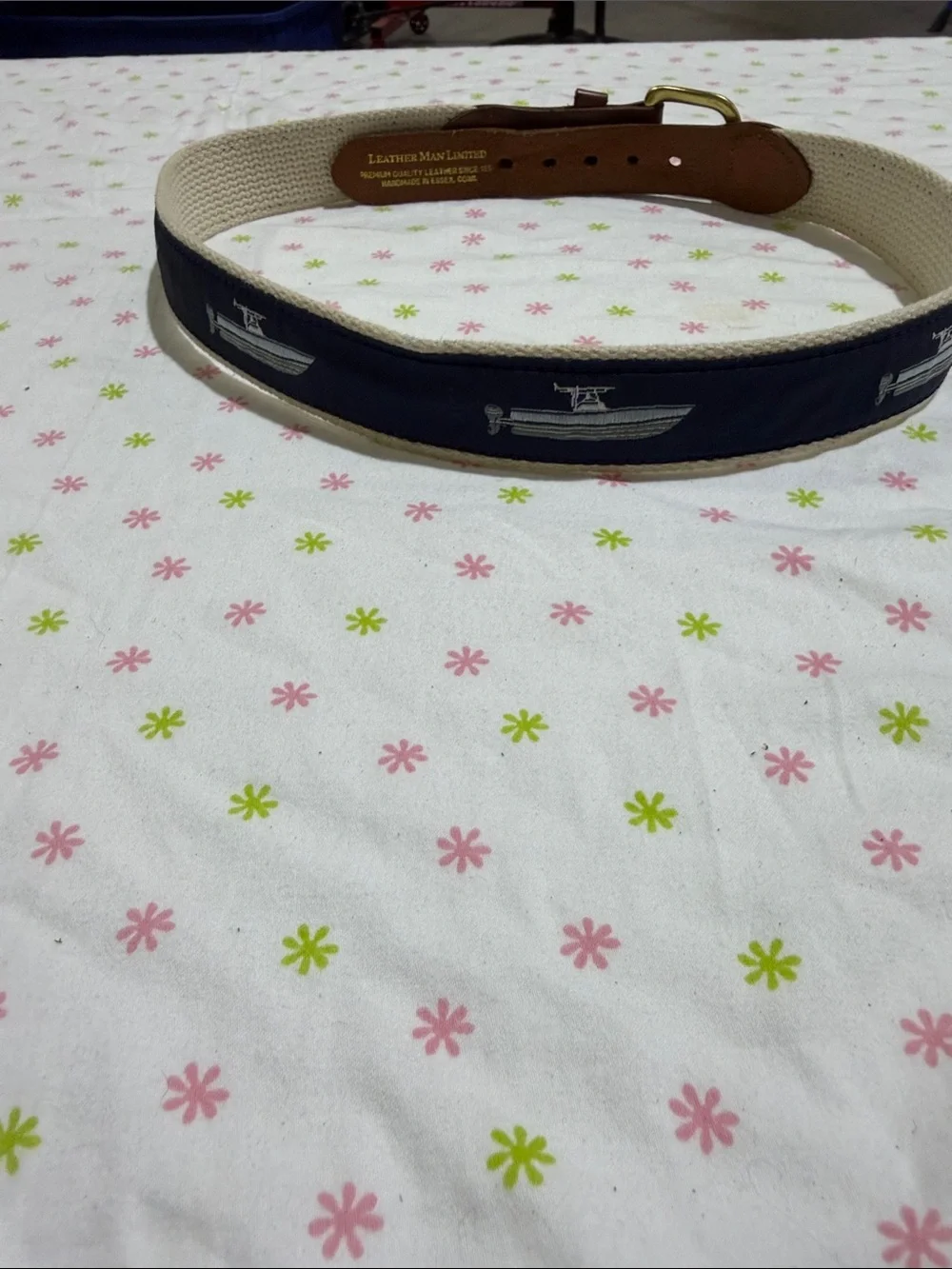 Navy Embroidered Boat Kids Belt with Brown Leather Trim
